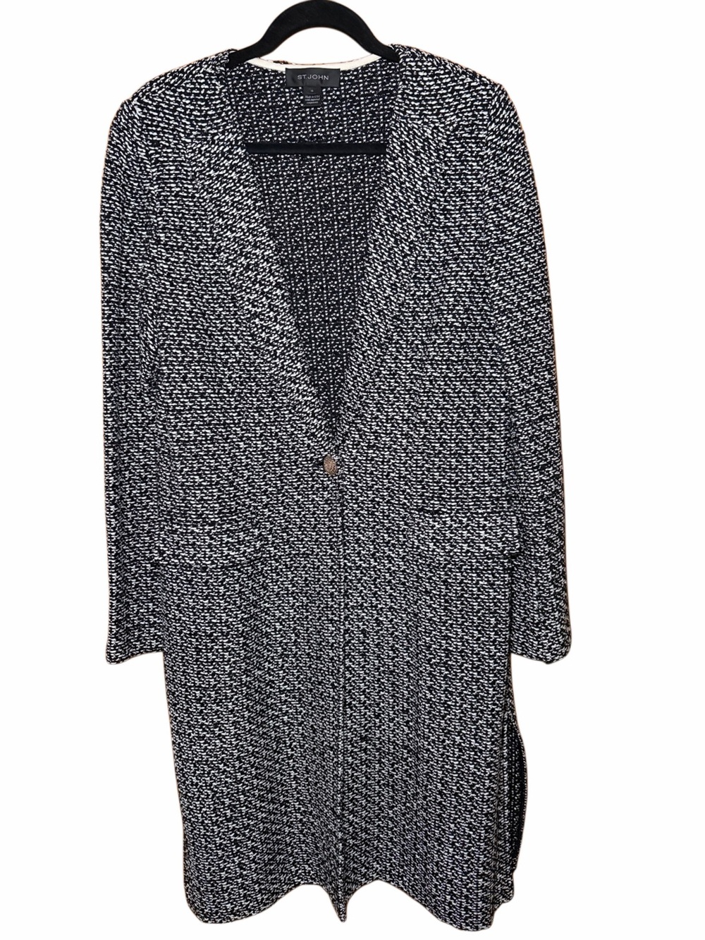 St. John Couture Long Black & White Tweed Duster Jacket Coat Sz 14 Button